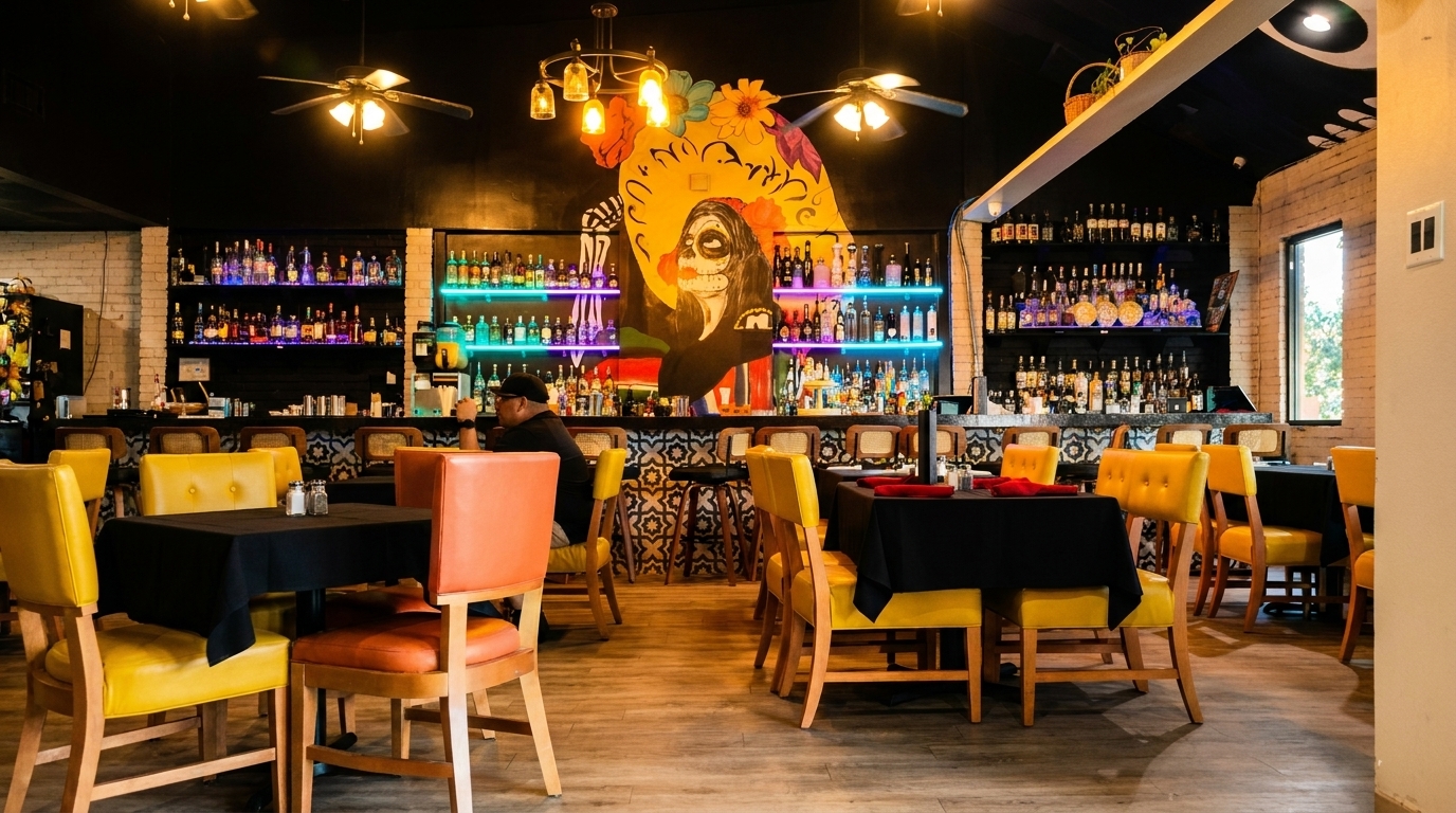Restaurant interior with a colorful bar, Dia de los Muertos mural, and yellow and orange chairs.
