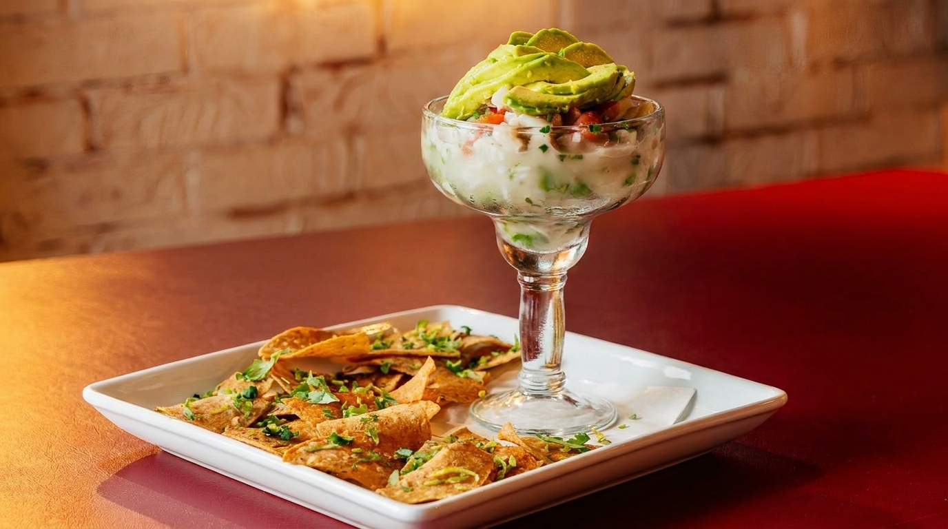 Ceviche in a margarita glass topped with avocado slices, served with tortilla chips.