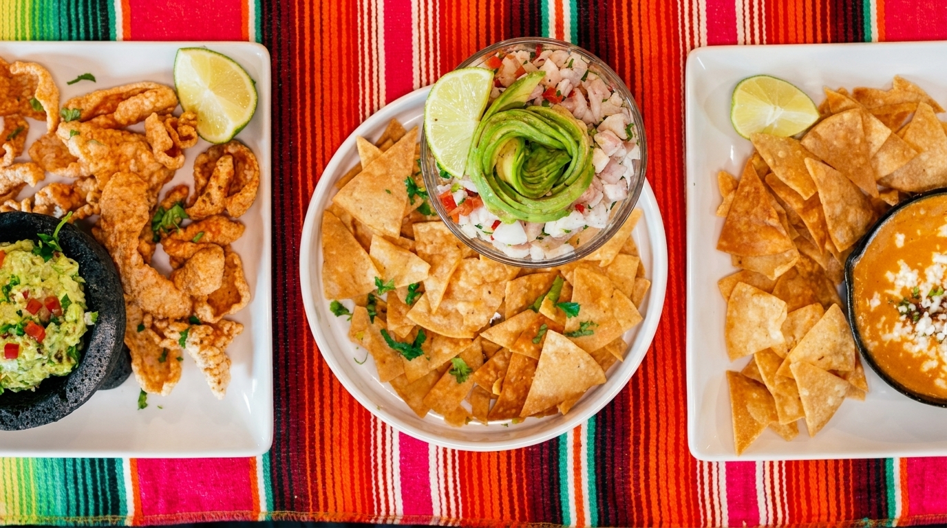 Three plates of Mexican appetizers, including guacamole, chicharrones, ceviche, chips, and queso dip.