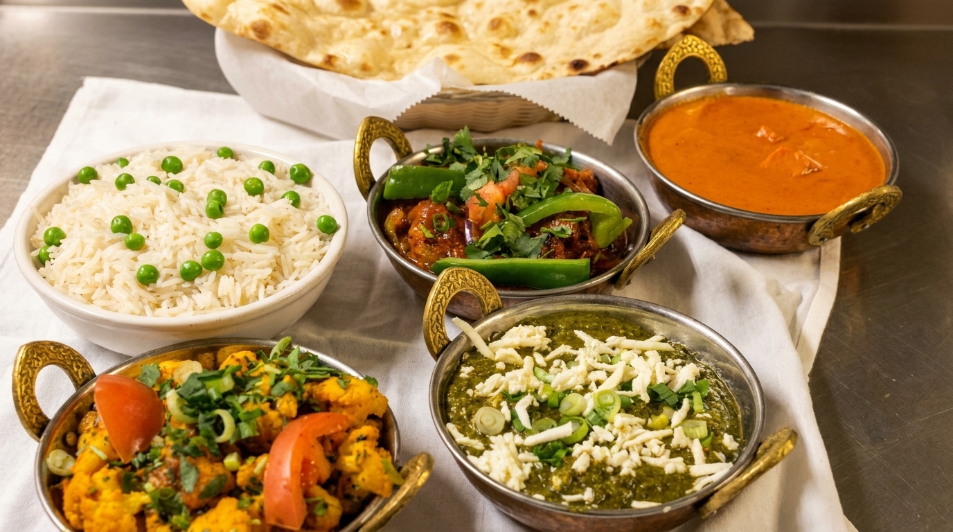 A vibrant Indian meal with naan, rice, and four curries in brass bowls on a white cloth.
