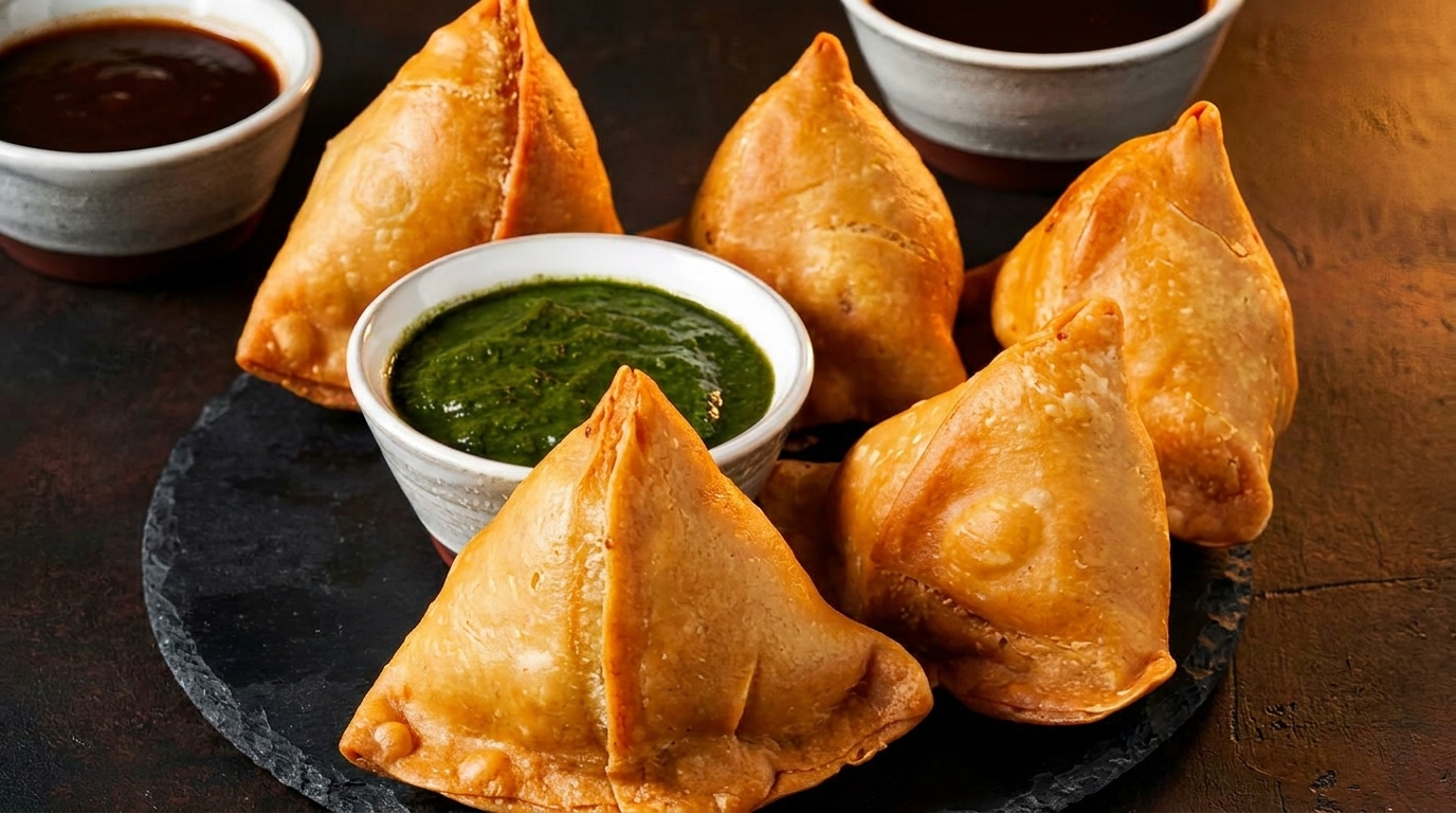 Golden-brown samosas arranged on a dark slate with bowls of green and brown chutneys.