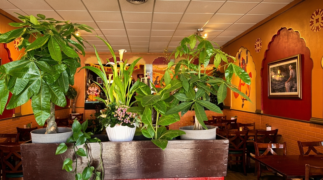 Restaurant interior with vibrant orange and red walls, framed art, and large potted plants.