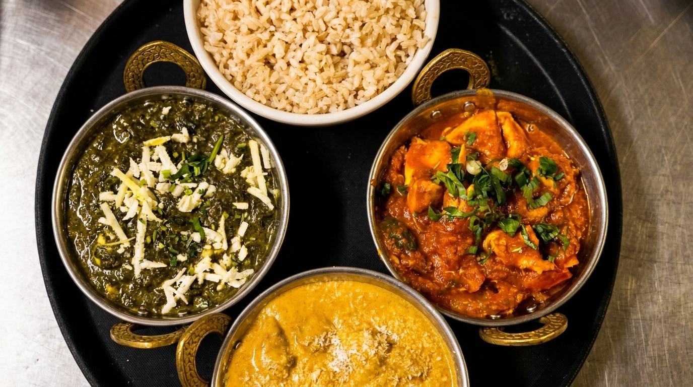 Three bowls of Indian curries and a bowl of rice on a black serving tray.