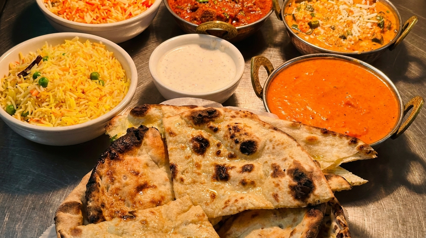 A vibrant spread of Indian dishes, including naan bread, rice, curries, and raita.