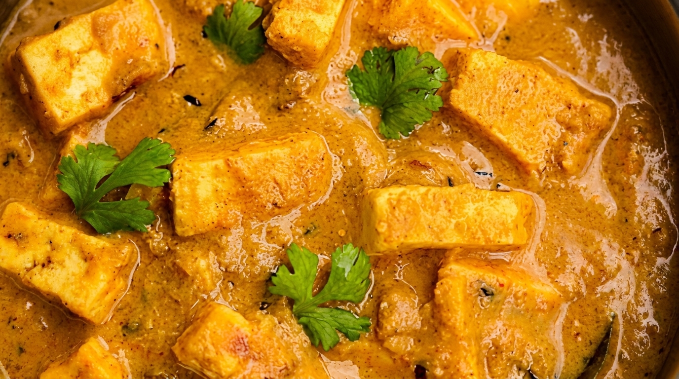 Close-up of paneer cubes in a rich, orange curry sauce, garnished with fresh cilantro.