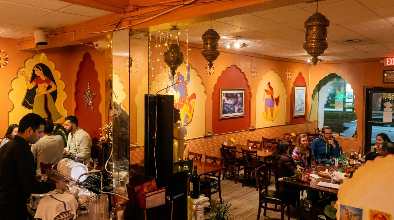 Restaurant interior with patrons dining, colorful murals, and ornate hanging lanterns.