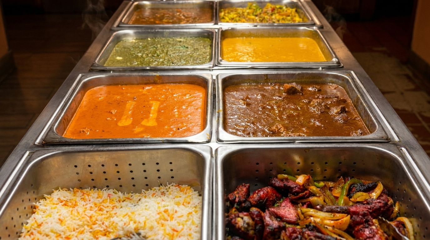 A buffet line with various Indian dishes, including curries, rice, and grilled chicken.