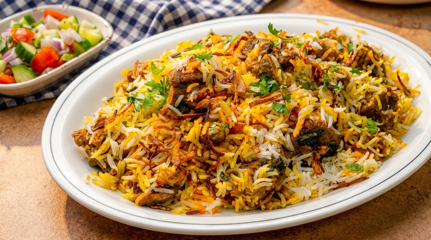 A large platter of colorful biryani with meat, rice, fried onions, and cilantro, next to a side salad.