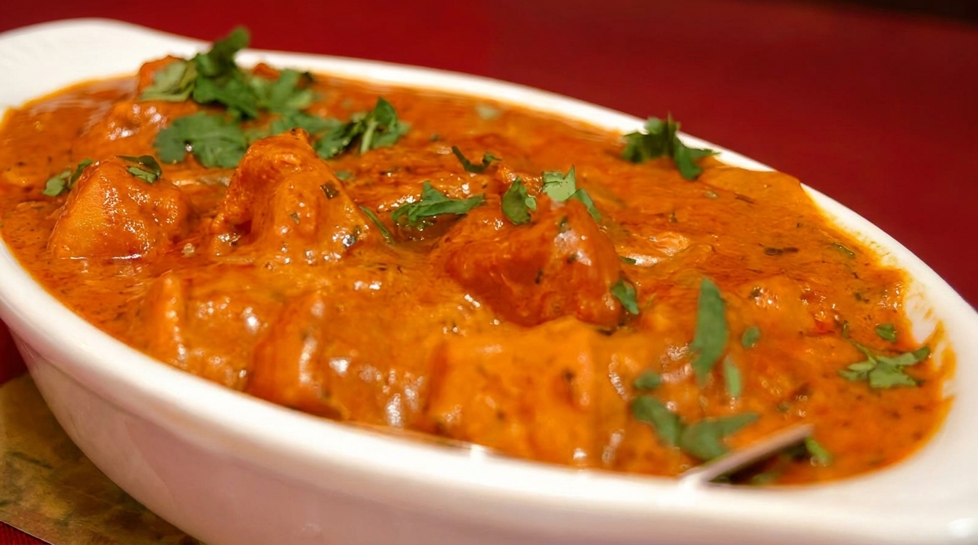 Close-up of a white oval dish filled with vibrant orange chicken tikka masala, garnished with fresh cilantro.