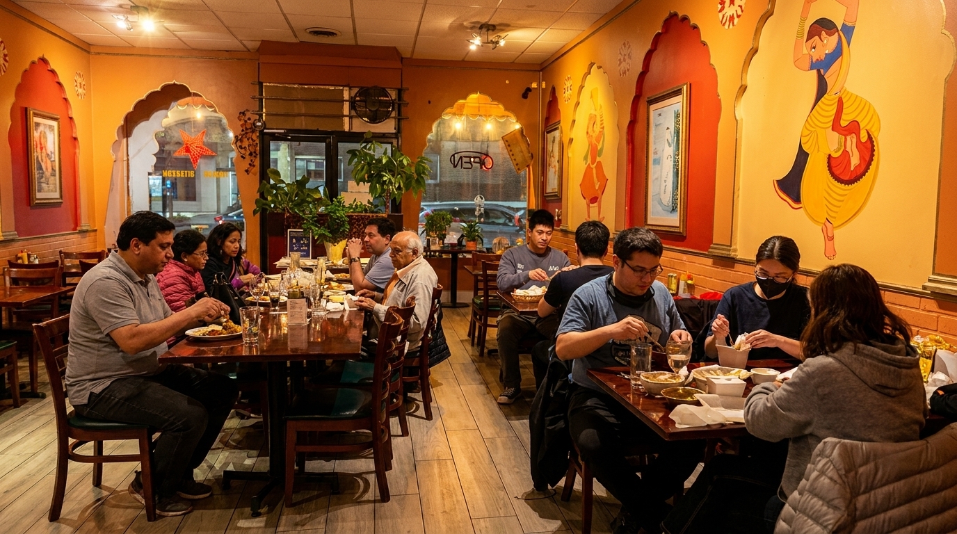 Diners enjoying meals at tables in a warmly lit Indian restaurant with colorful murals.