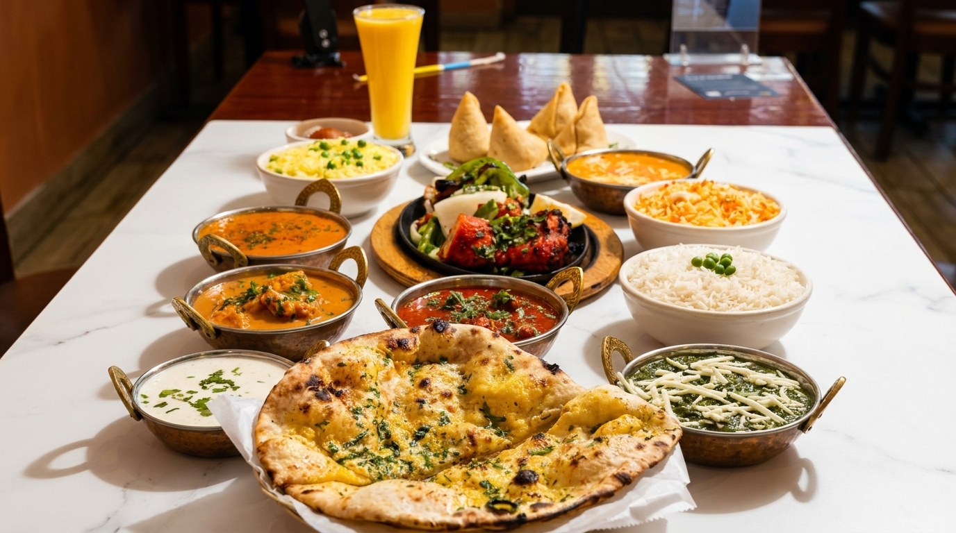 A table laden with various Indian dishes, including curries, rice, naan, samosas, and a mango lassi.