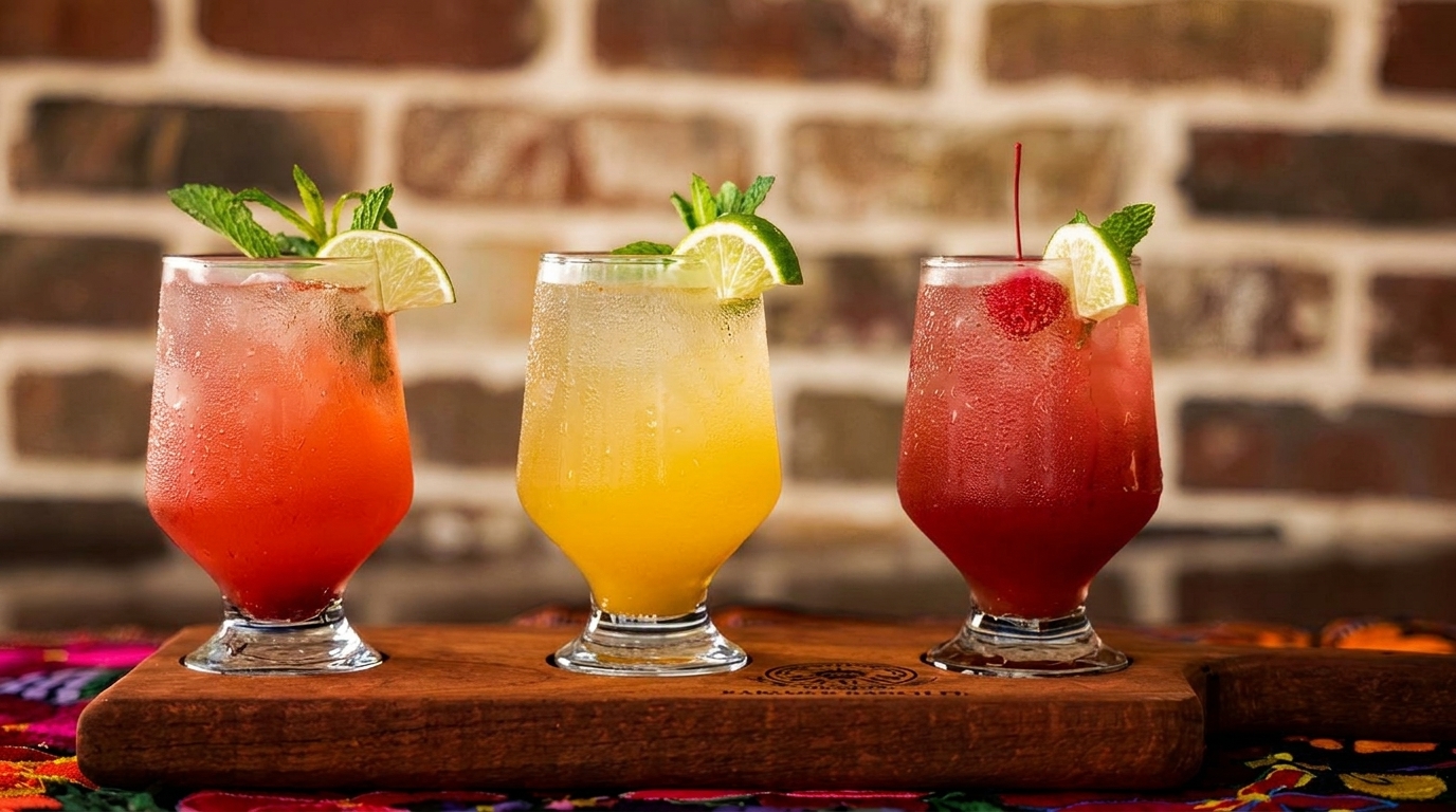 Three colorful cocktails, garnished with lime and mint, on a wooden tray against a brick wall.