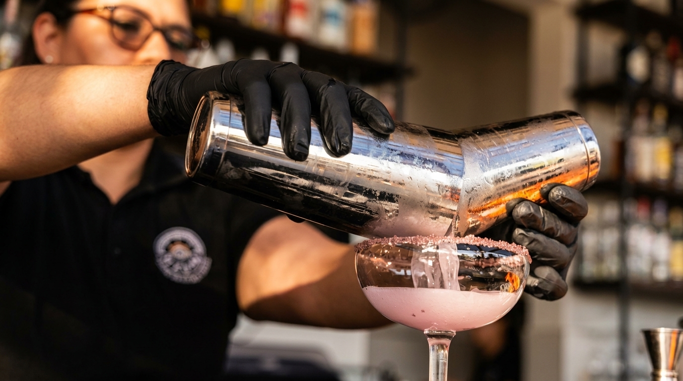 Bartender in black gloves pouring a pink cocktail from a shaker into a sugar-rimmed glass.