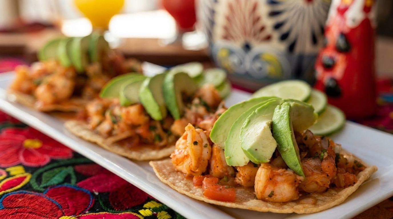 Three shrimp tostadas topped with sliced avocado and lime on a white platter.