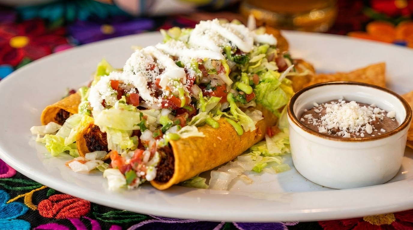 Crispy taquitos topped with lettuce, pico de gallo, crema, and cotija cheese, served with refried beans.