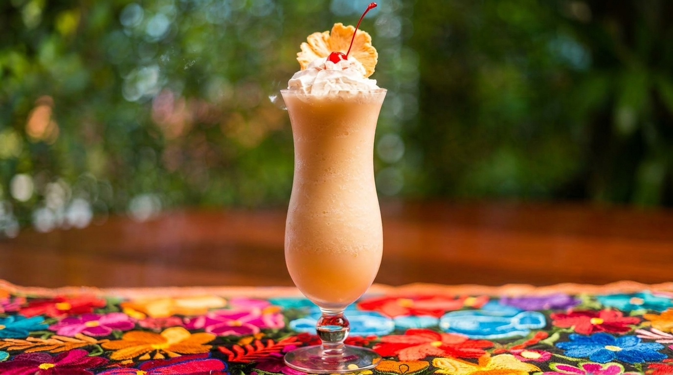 A tropical drink with whipped cream, a pineapple slice, and a cherry on a colorful floral tablecloth.