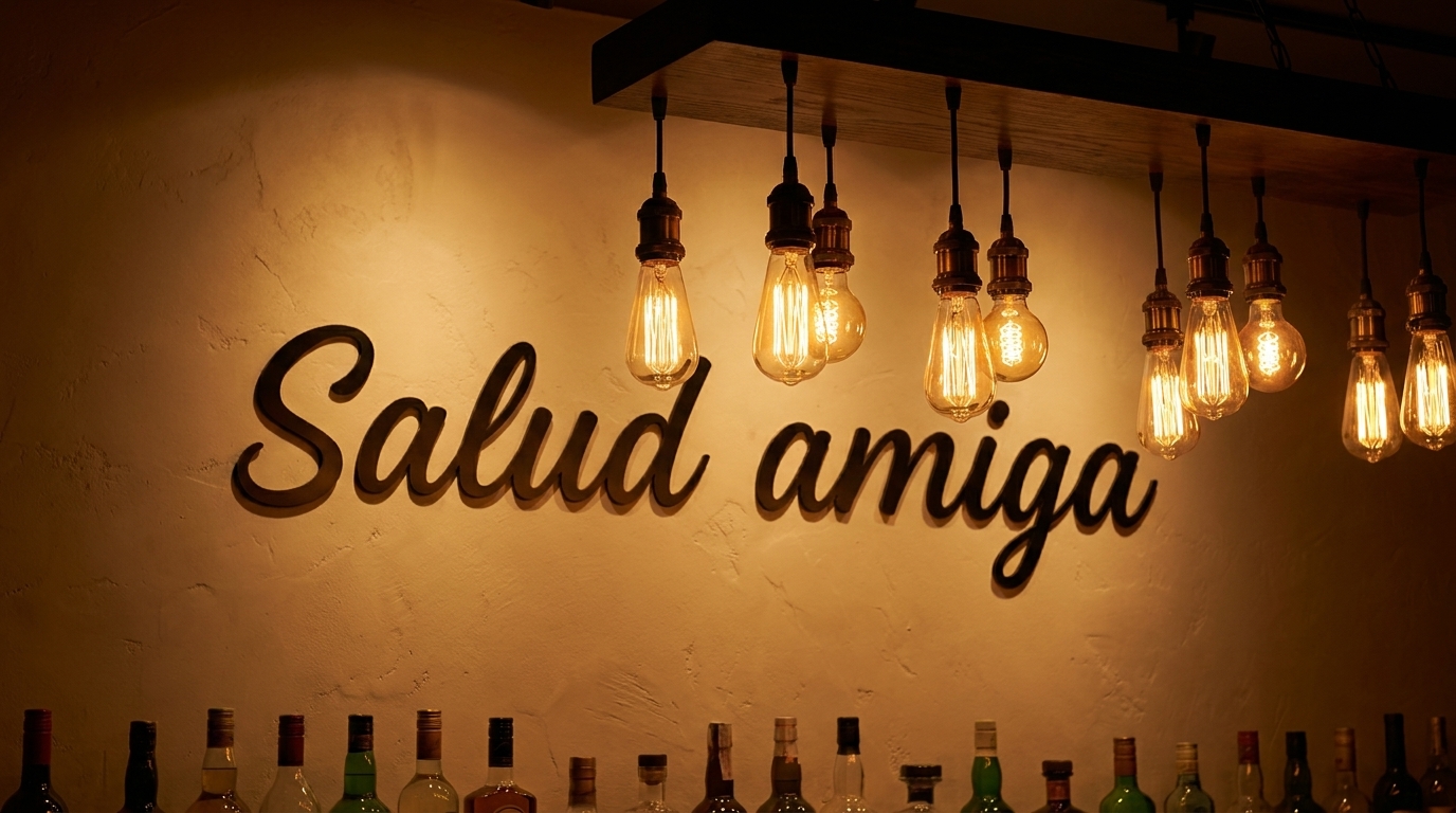 A wall with "Salud amiga" in script, illuminated by hanging Edison bulbs above liquor bottles.