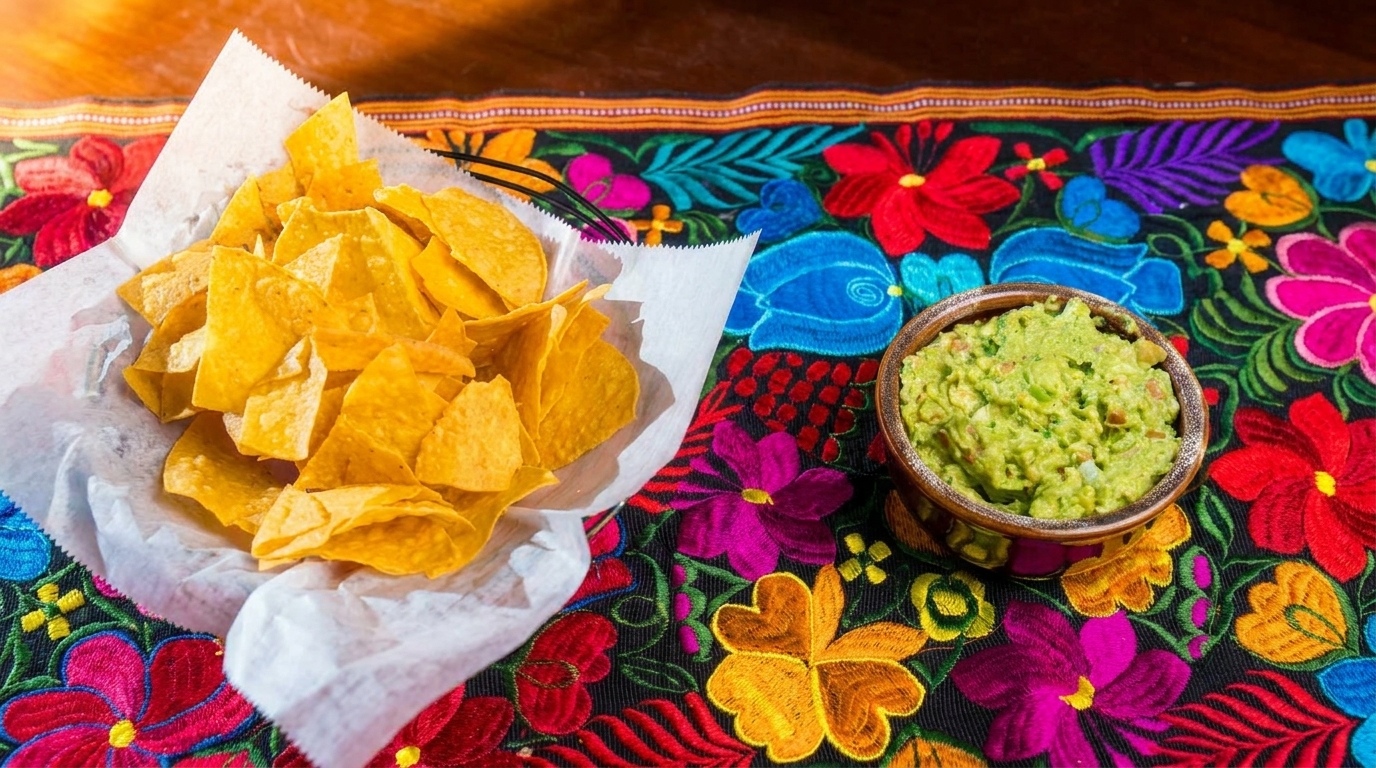 Basket of tortilla chips and a bowl of guacamole on a colorful floral embroidered tablecloth.