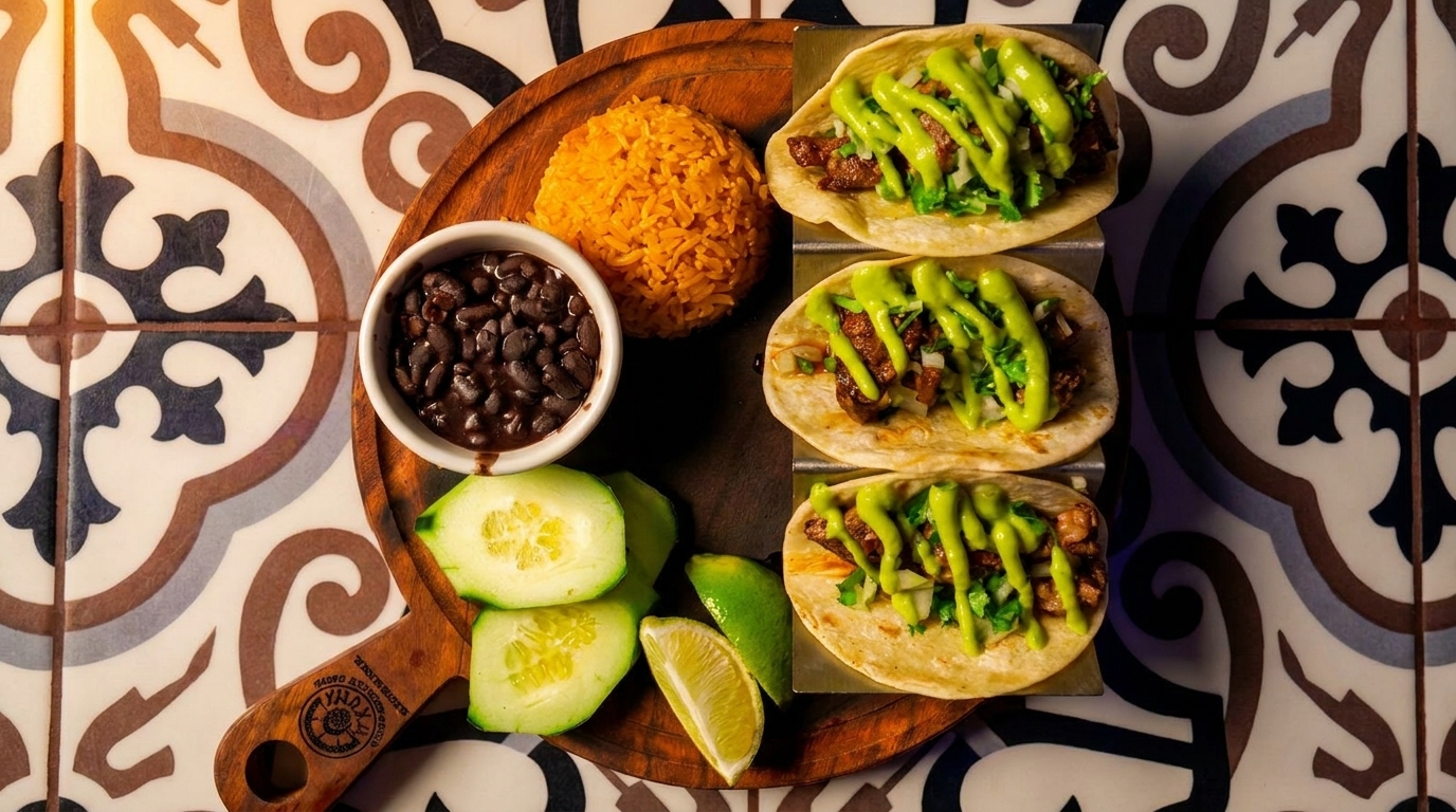 Three tacos with green sauce, rice, black beans, cucumbers, and lime on a wooden board.