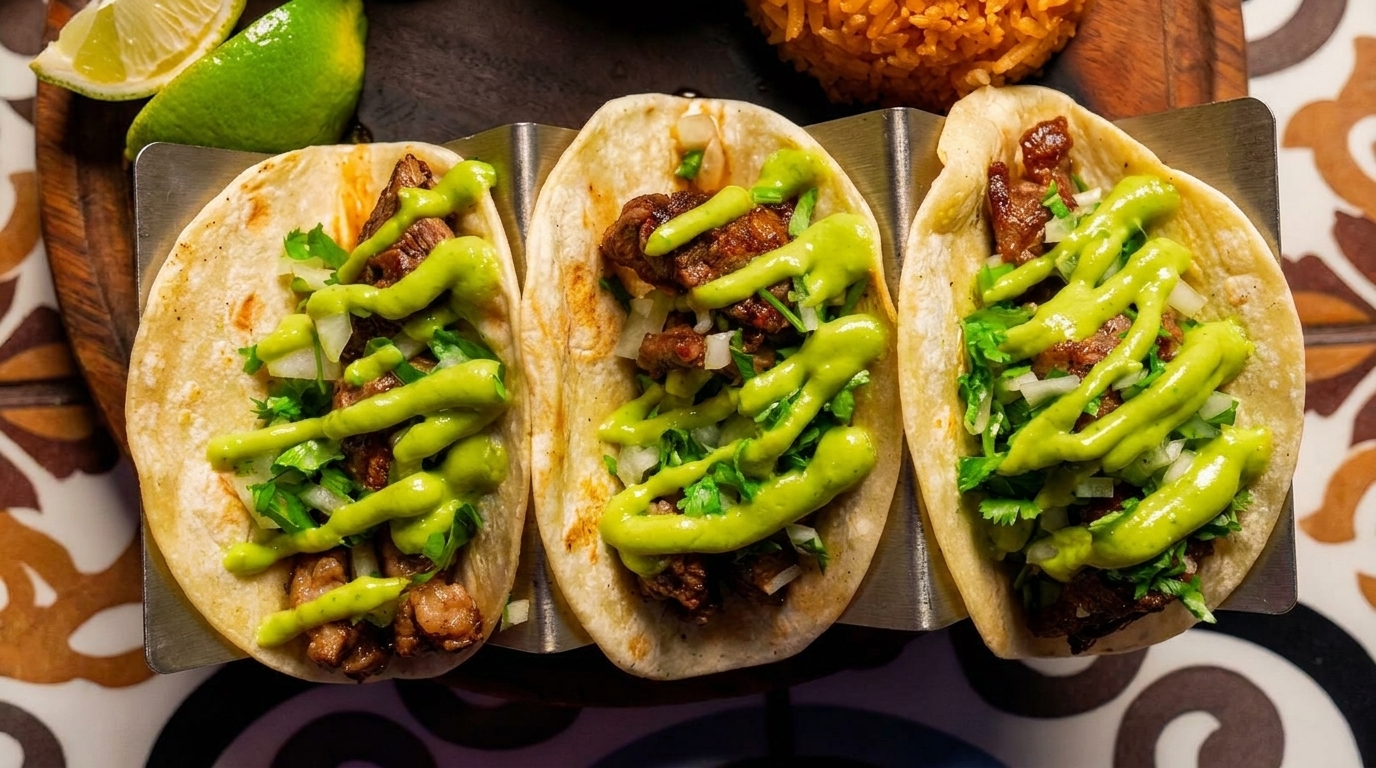 Three street tacos with steak, onions, cilantro, and green sauce, served with lime wedges.