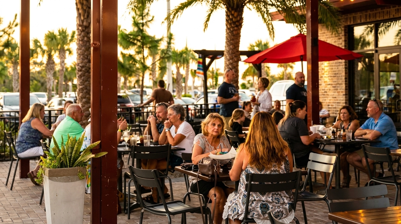 Patrons enjoying outdoor dining at a restaurant patio with palm trees and a red umbrella at sunset.