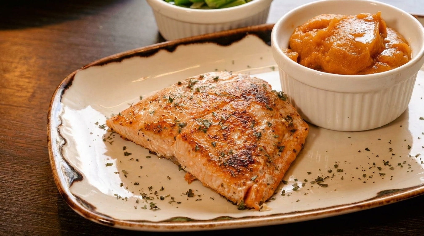 Grilled salmon fillet with herbs, a side of mashed sweet potatoes, and green beans.