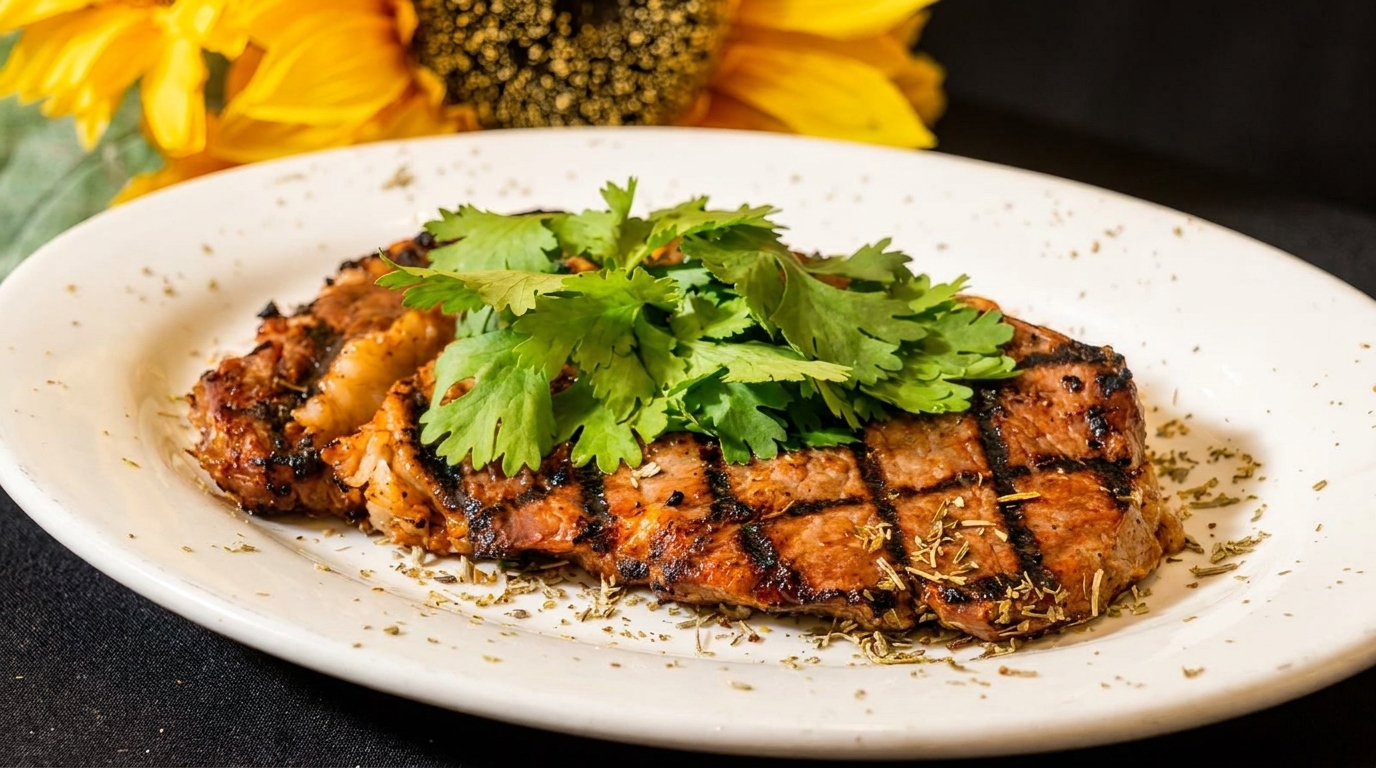 Grilled steak with grill marks, topped with fresh cilantro, on a white plate with dried herbs.