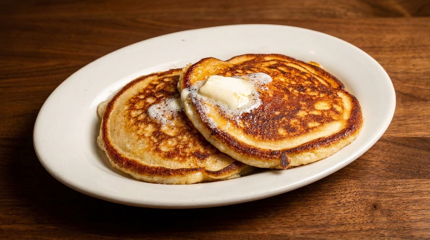 Two golden-brown pancakes with melting butter on a white oval plate, on a wooden table.