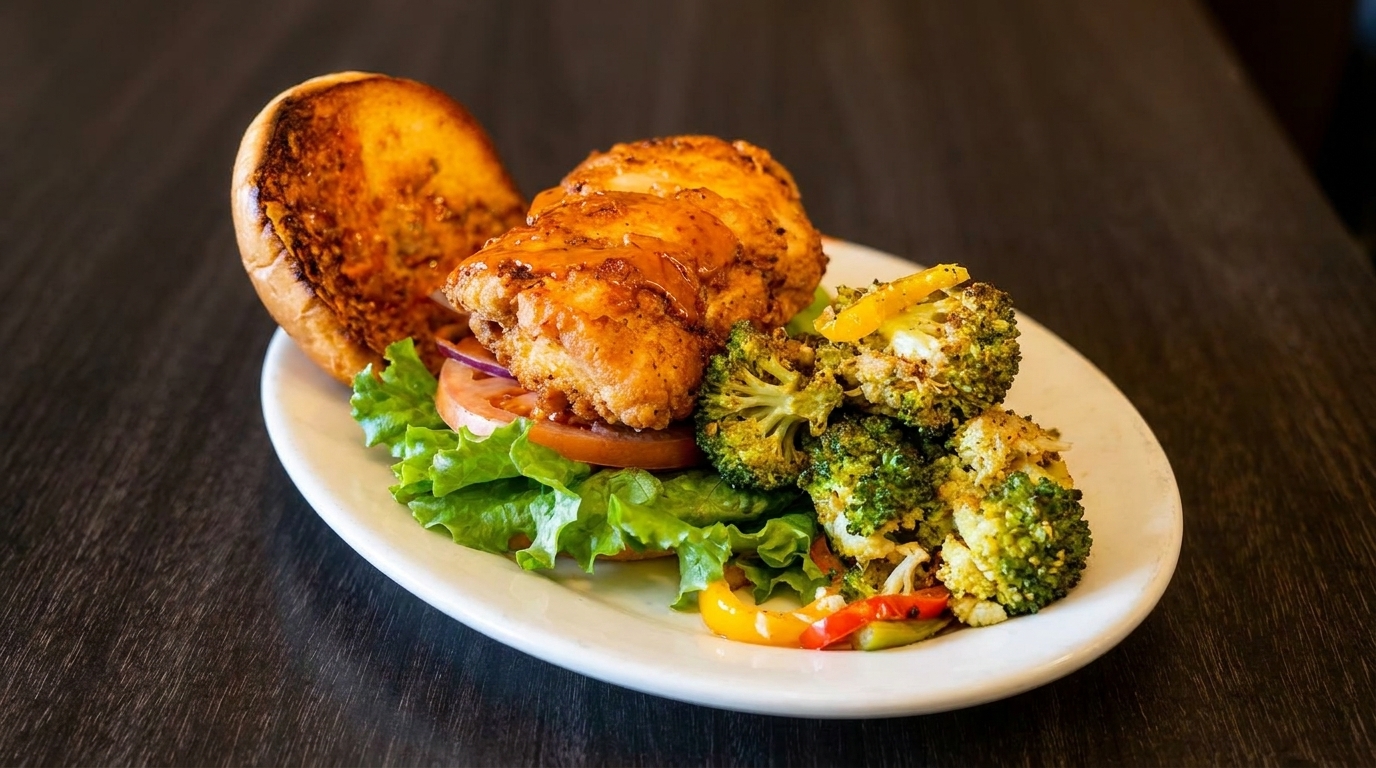 Crispy chicken sandwich with lettuce, tomato, and onion, served with roasted broccoli and peppers.