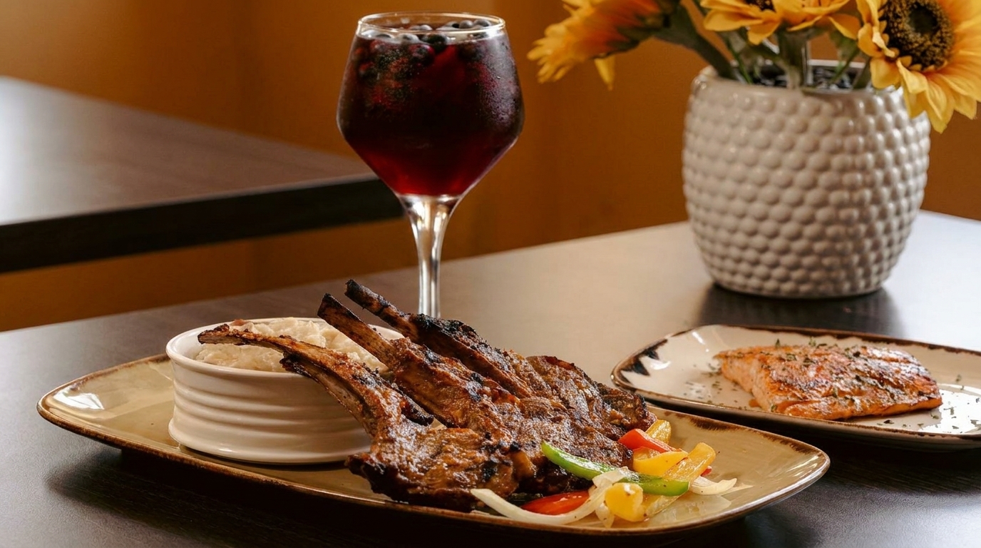 Grilled lamb chops with vegetables, mashed potatoes, salmon, and a berry drink on a table.