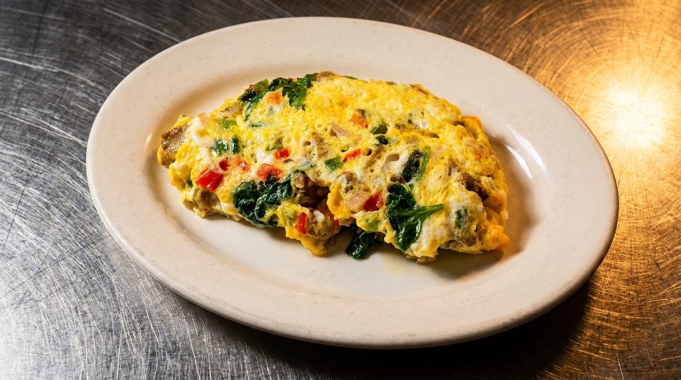 A fluffy omelet filled with spinach, red peppers, and sausage on a white oval plate.