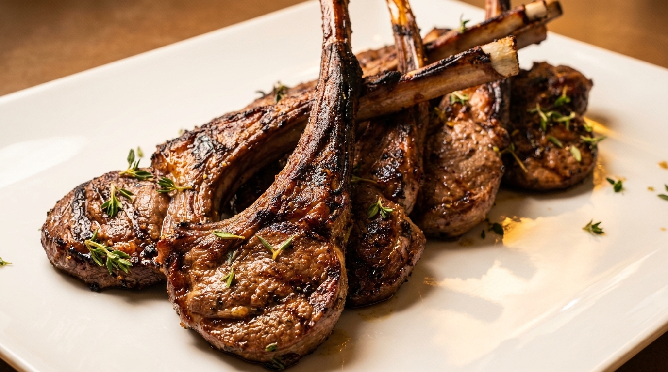 Grilled lamb chops with fresh thyme sprigs on a white rectangular plate.