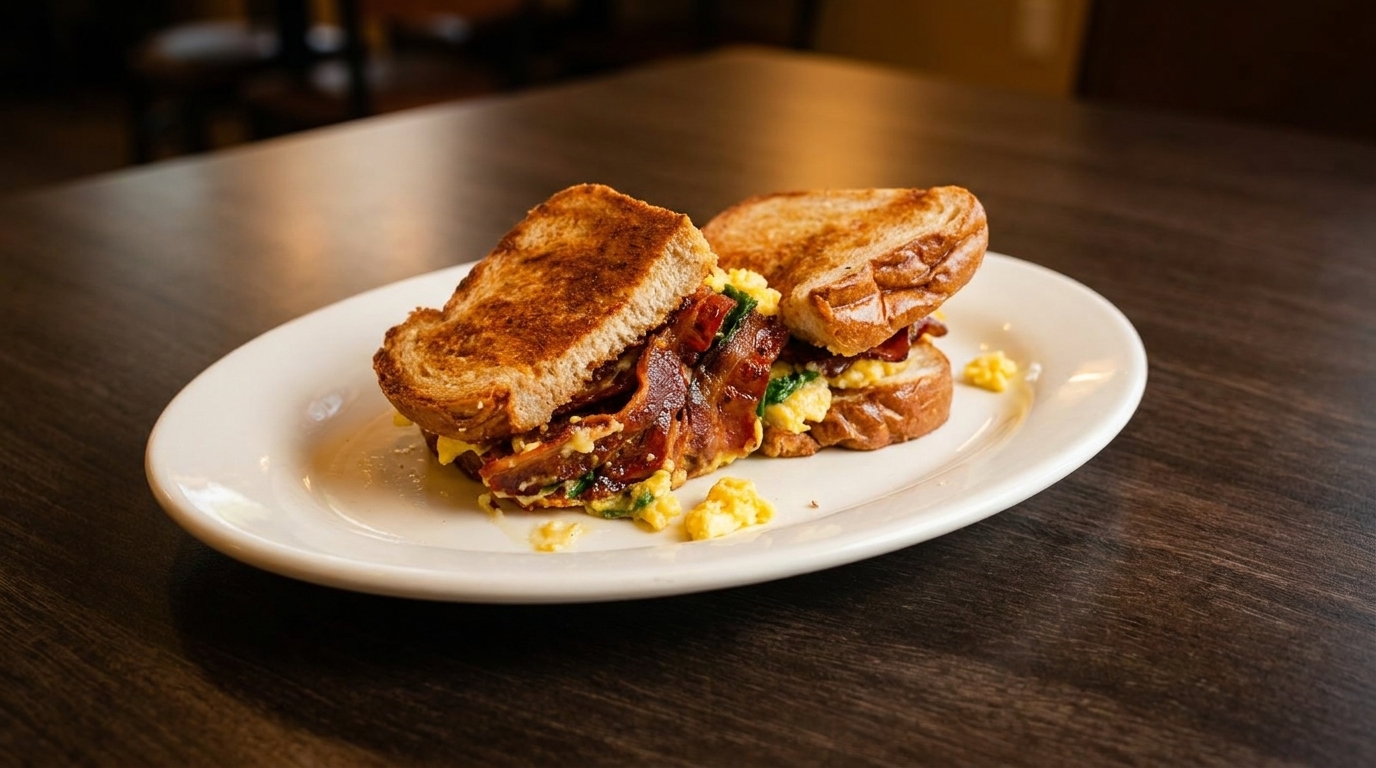 A breakfast sandwich with bacon, scrambled eggs, and spinach on toasted bread, served on a white plate.