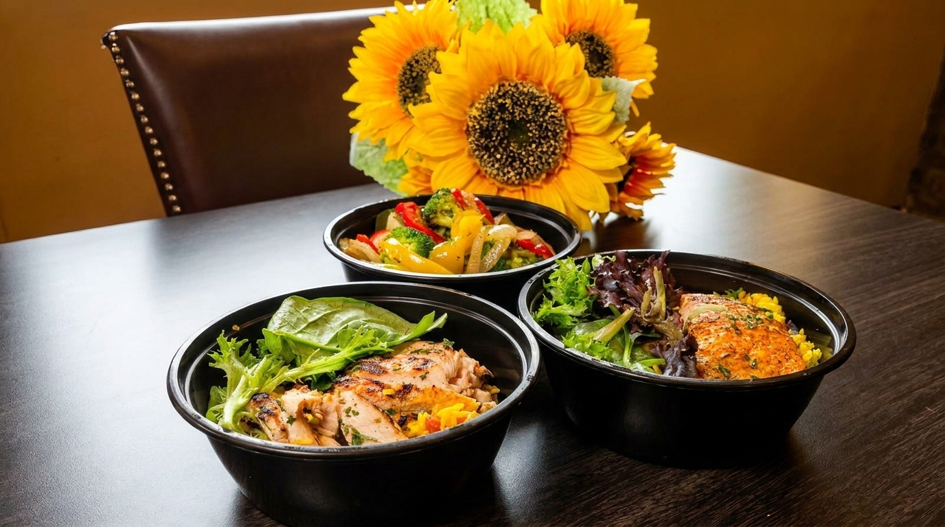 Three black bowls of food, including grilled chicken, salmon, and mixed vegetables, on a dark table with sunflowers.