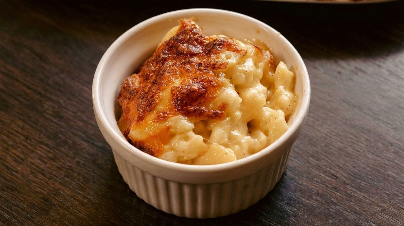 Creamy baked mac and cheese with a golden-brown crust in a white ramekin on a wooden table.