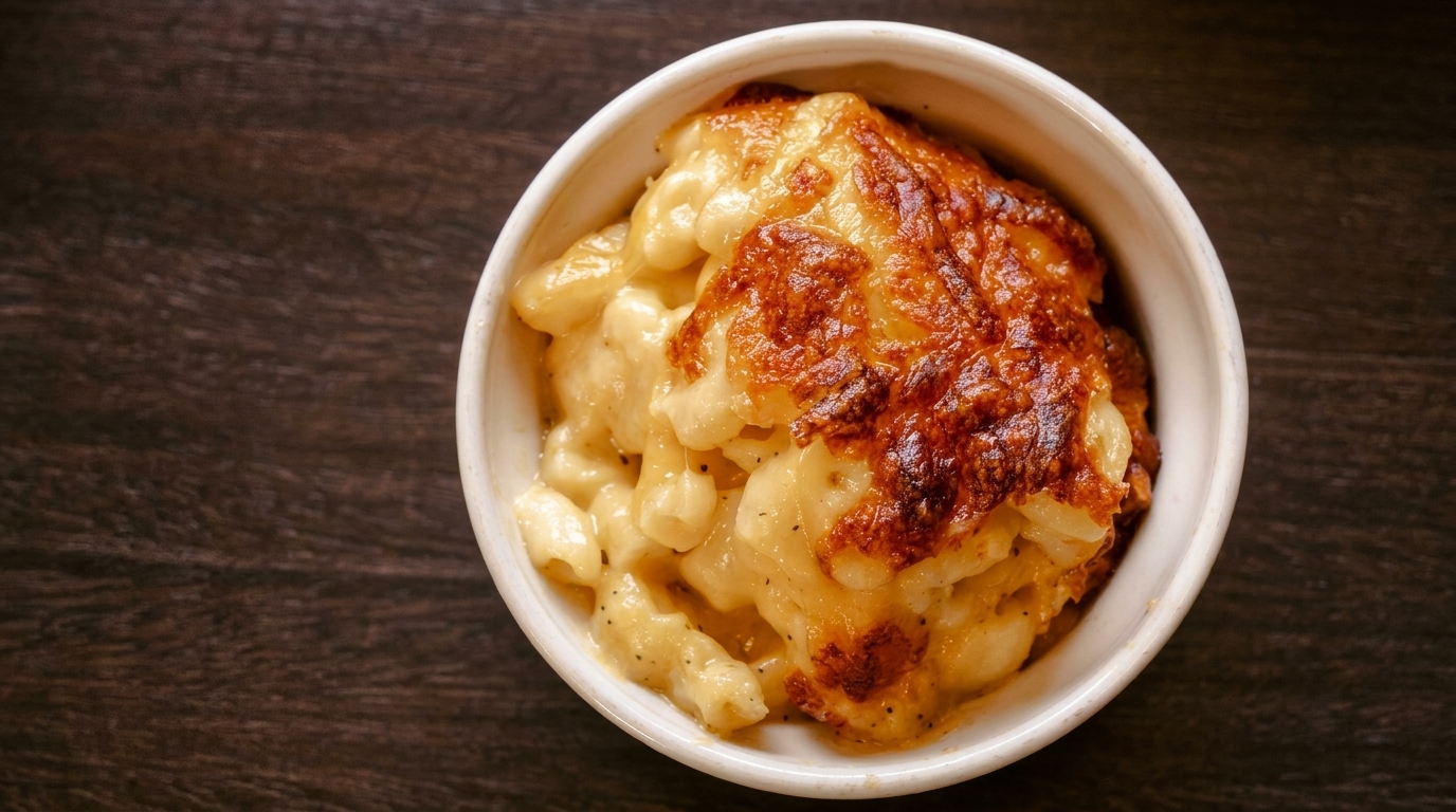 A white bowl of baked macaroni and cheese with a golden-brown crust on a dark wooden table.