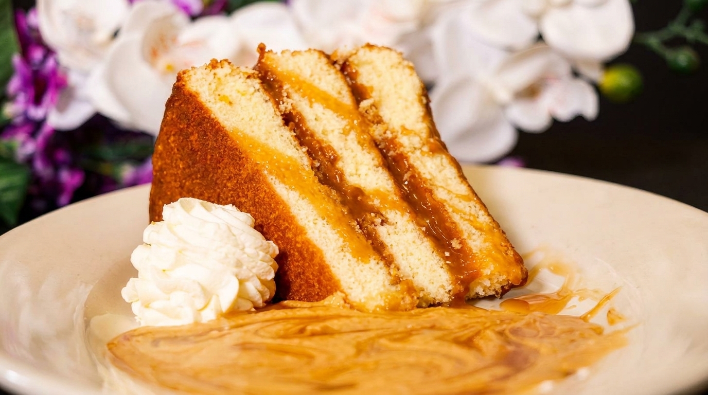Slice of caramel cake with whipped cream and caramel drizzle on a white plate.