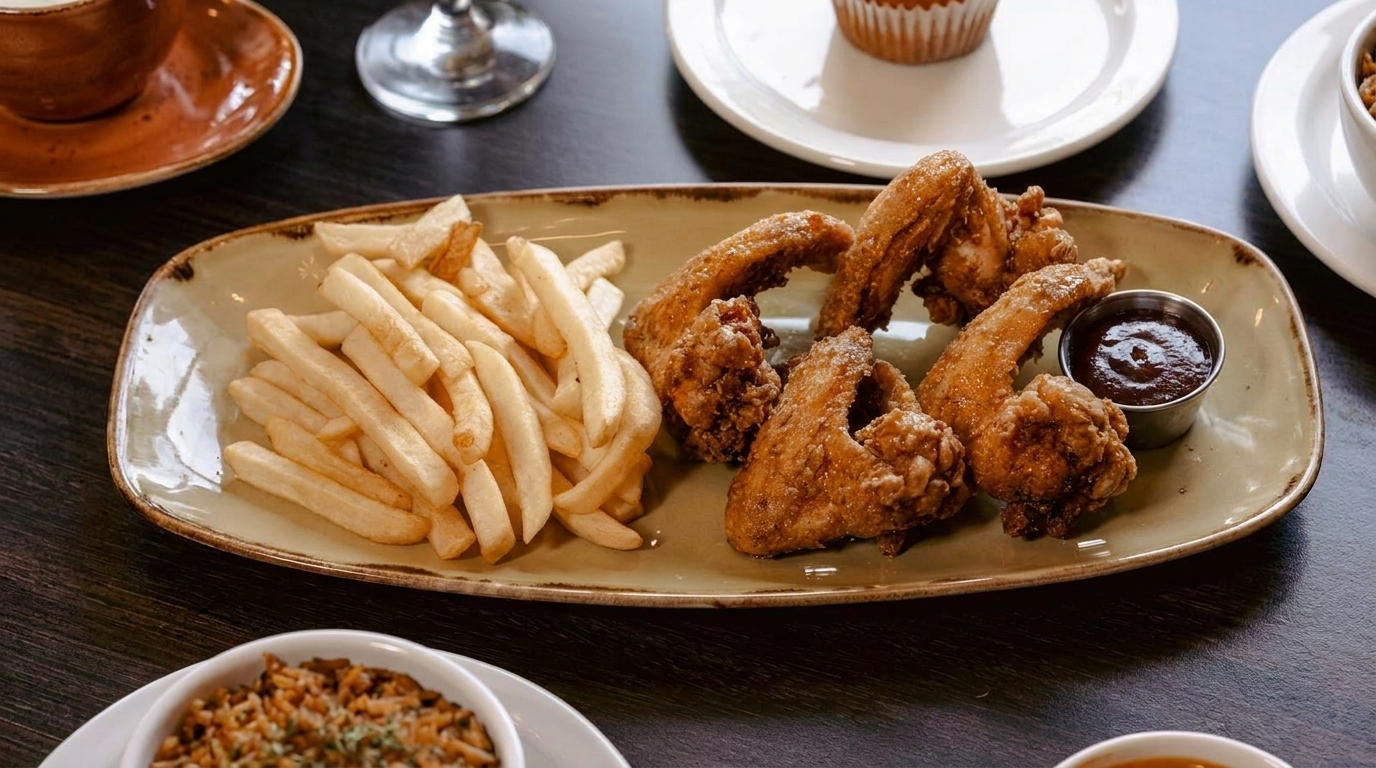 A plate of crispy fried chicken wings, french fries, and a side of barbecue sauce.