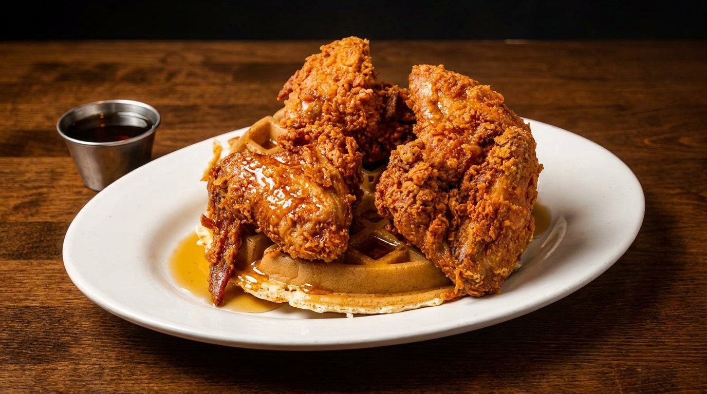 Crispy fried chicken pieces and a waffle drizzled with syrup on a white plate.