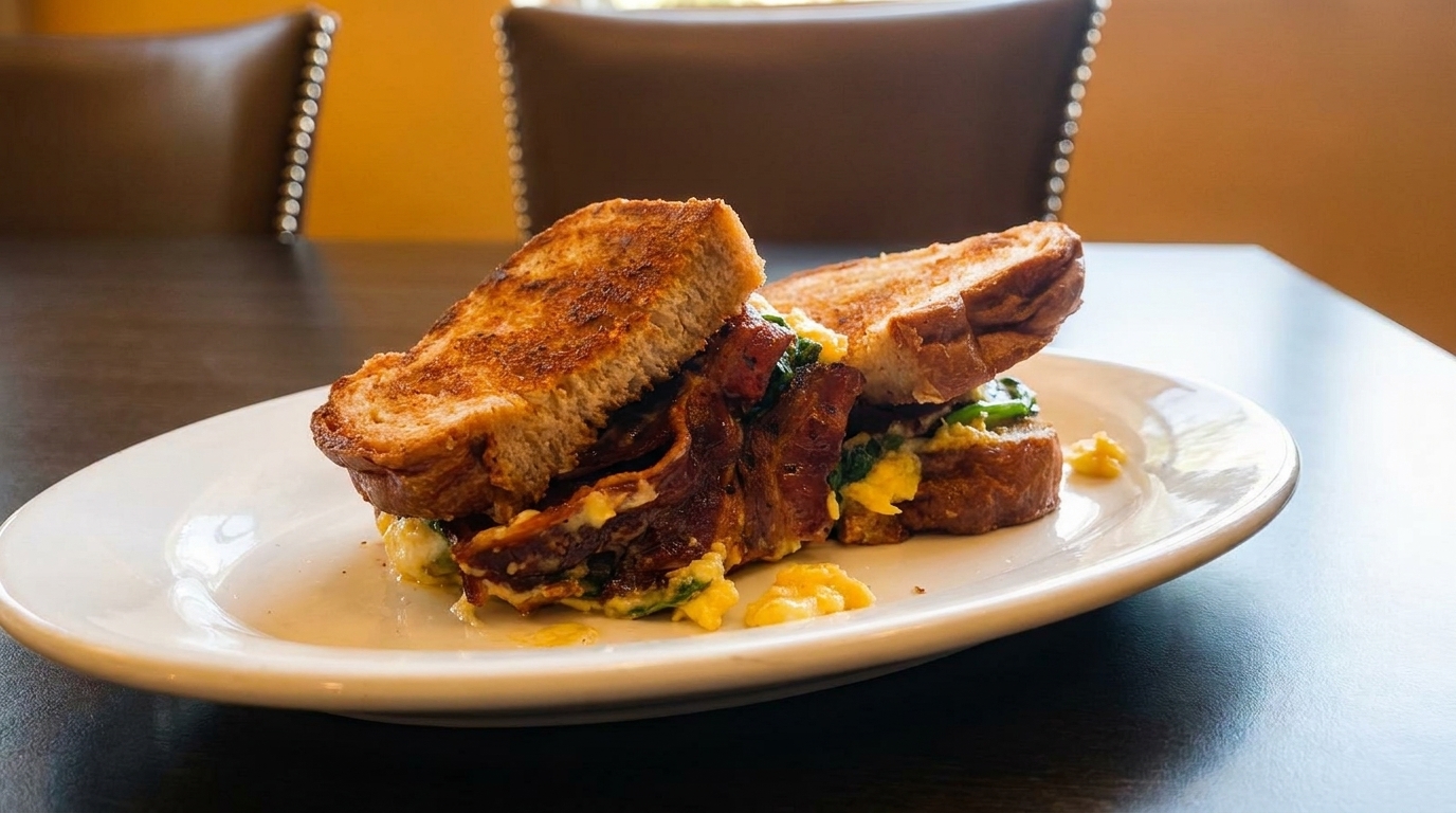 A breakfast sandwich with toasted bread, crispy bacon, scrambled eggs, and spinach on a white plate.