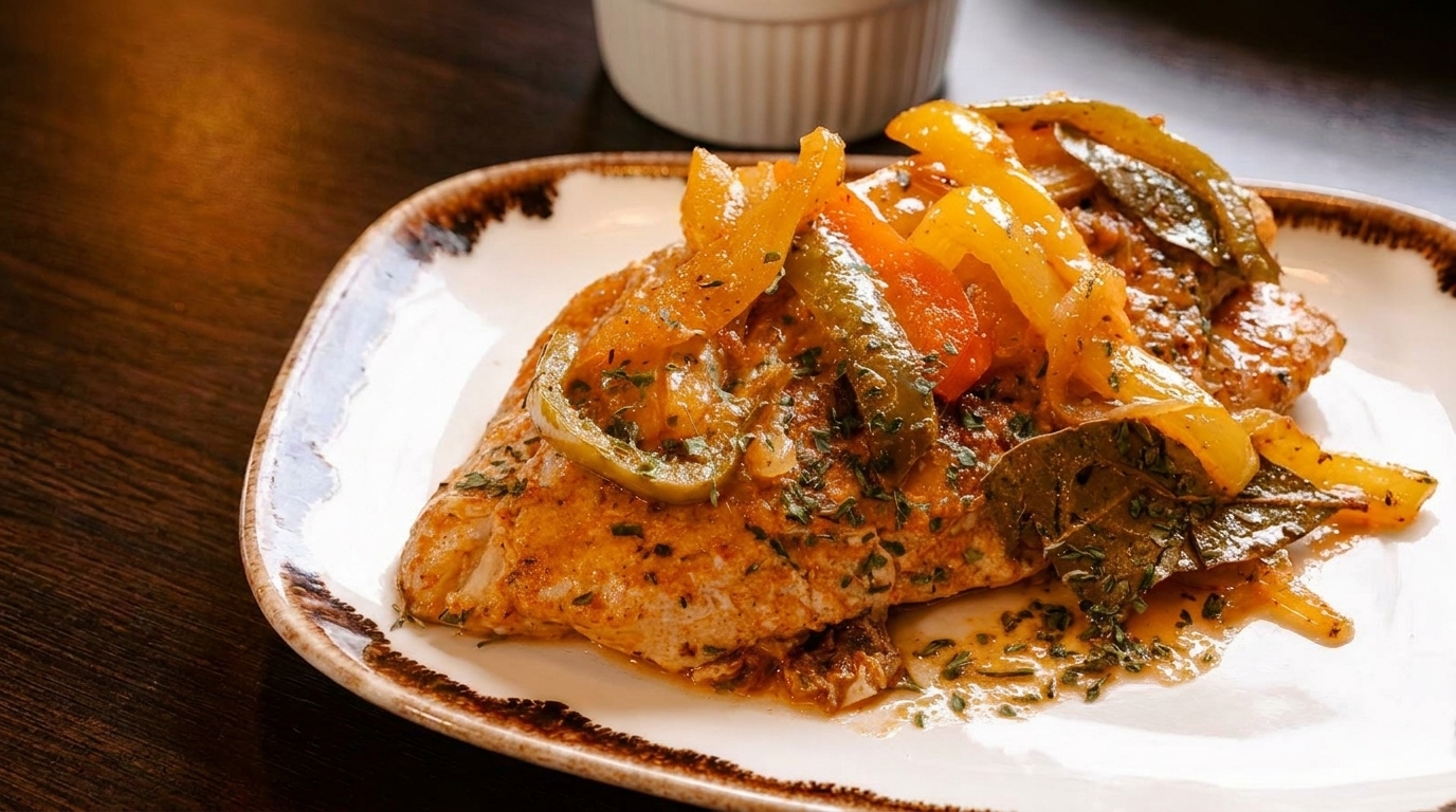 Close-up of a chicken dish topped with colorful bell peppers, herbs, and bay leaves on a white plate.
