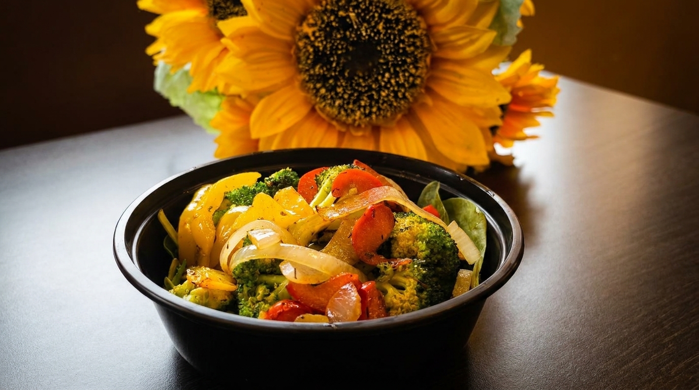 A black bowl filled with stir-fried broccoli, yellow bell peppers, onions, and red peppers, with sunflowers in the background.