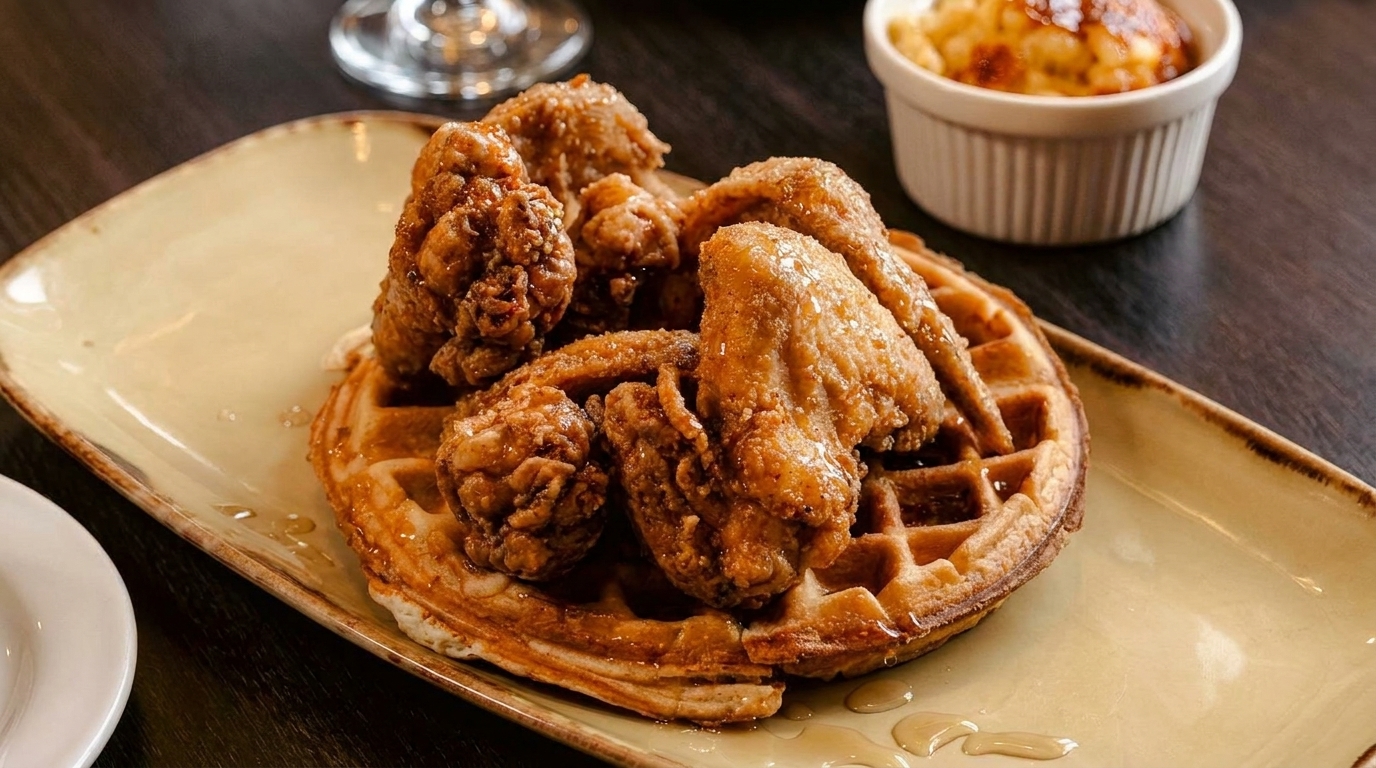 Crispy fried chicken pieces on a golden waffle, drizzled with syrup, with mac and cheese in the background.