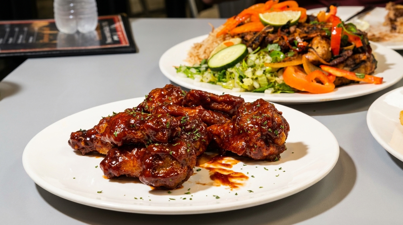Plates of saucy chicken wings and a main dish with rice, meat, and vegetables on a table.