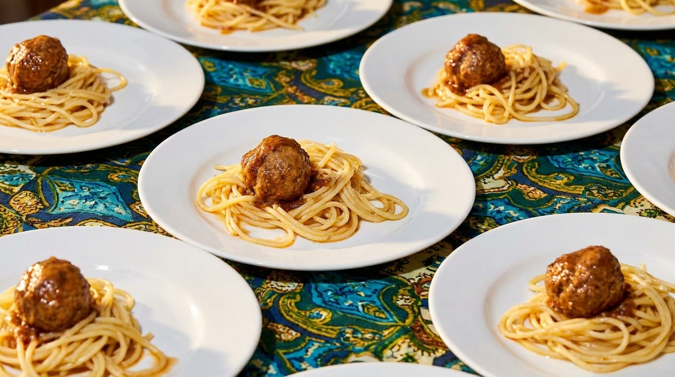 Multiple white plates of spaghetti with a single meatball and sauce on a colorful patterned tablecloth.