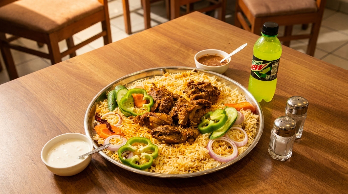 A large platter of chicken mandi with rice, vegetables, sauces, and a soda on a wooden table.