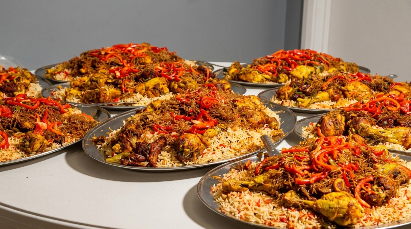 Multiple large platters of chicken and rice, topped with red peppers and fried onions.