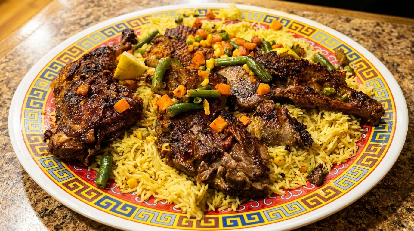 Grilled meat and rice pilaf with mixed vegetables and lemon wedges on a decorative plate.