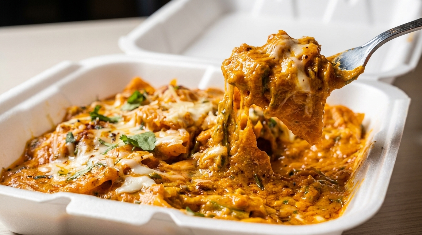 Fork lifting cheesy, saucy pasta from a white takeout container, garnished with cilantro.