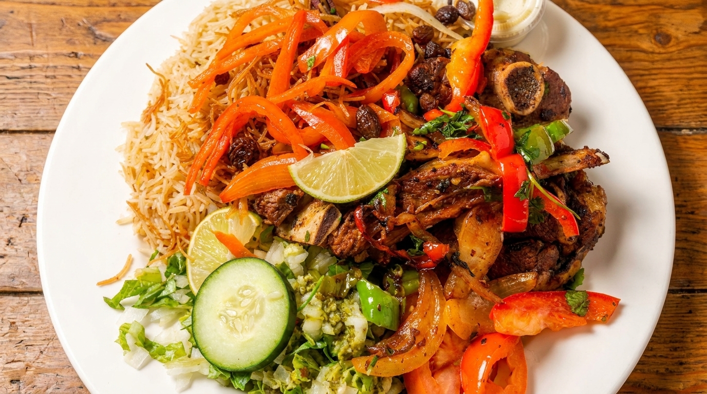 Platter of rice, grilled lamb chops, bell peppers, onions, and a side salad with cucumber.